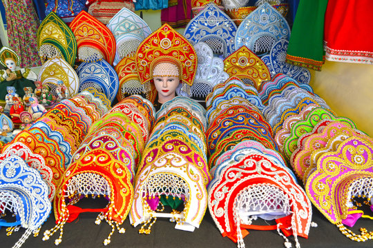 UGLICH, RUSSIA. Sale of the Russian national kokoshniks at a fair of folk art