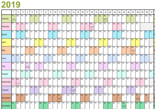 Jahresplaner 2019 linear mit gesetzlichen Feiertagen für die USA und Monate in unterschiedlichen bunten Farben 