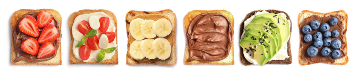 Set with toast bread and different toppings on white background, top view