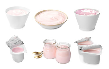 Set with delicious yogurt on white background