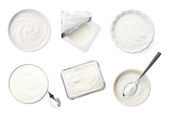 Set with delicious yogurt on white background, top view - obrazy, fototapety, plakaty