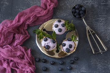 on a gray background a silver ice cream stand: blueberry ice cream, blueberry and a spoon for ice cream - summer background