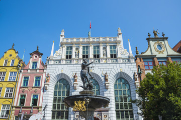Fototapeta premium Neptune`s Fountain Statue at Long Market Street. Gdansk city, Poland