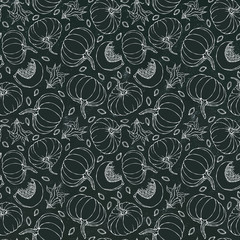 Naklejka premium Black Board. Seamless Endless Pattern of Pumpkin. Half of Whole Orange Pumpkins, Flower Autumn Fall Vegetable Harvest Collection. Realistic Hand Drawn High Quality Vector Illustration. Doodle Style.