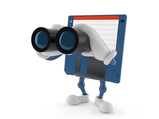 Floppy disk character looking through binoculars