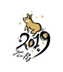 Pig 2019. New Year card. Chinese calendar for the year of pig 2019.