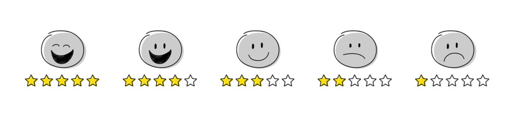 Collection of star rating icons - funny stickamn with different facial expressions. Vector.