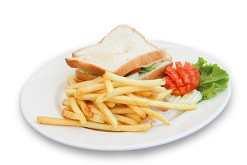 cheese sandwich and french fries on white isolated background