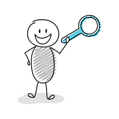 Cartoon stickman holding magnifier (search) symbol. Vector.