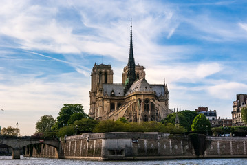 Notre Dame Cathedral in Paris with the Seine River.