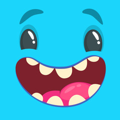 Cartoon monster face. Vector Halloween blue smiling monster avatar