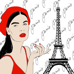 Fashion portrait beautiful young brunette woman with red beret, red lips, sketch style design. Hand drawn fashion girl hand with red manicure showing With Eiffel Tower. Sketch. Vector illustration
