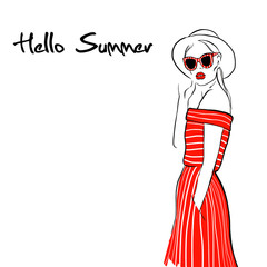Hello summer Fashion Sketch Woman with hat, red striped dress and sunglasses. Hand drawn beautiful young girl model, Fashion, style, youth, beauty, Beautiful woman, elegant lady, stock vector