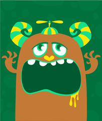 Fototapeta premium Cartoon angry monster face. Vector Halloween monster avatar with wide opened mouth