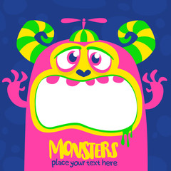Happy cartoon monster. Laughting monster face emotion. Halloween vector illustration