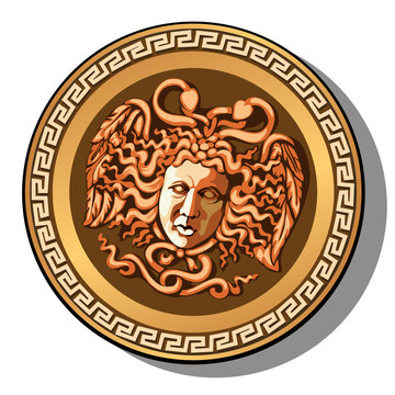 The engraved head of Medusa Gorgon head isolated on white background. Cartoon vector close-up illustration.