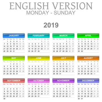 2019 Calendar English Language Version Monday to Sunday
