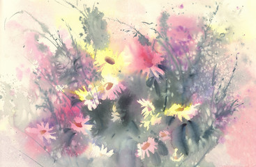 sunny meadow yellow and violet flowers watercolor background