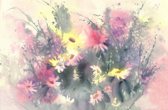 sunny meadow yellow and violet flowers watercolor background © Egle
