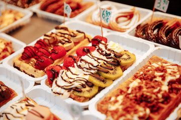 Selection Traditional belgian waffles in brussels, top view