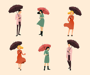 Set of people. People are holding umbrellas. Autumn concept. Vector illustration
