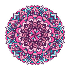 Vector Color Ornament mandala. Vintage decorative elements painted in pink shades. Hand drawn background. Festive colorful mandala pattern.