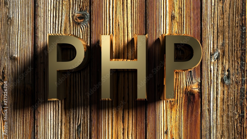 Poster php brass write on wooden background - 3d rendering