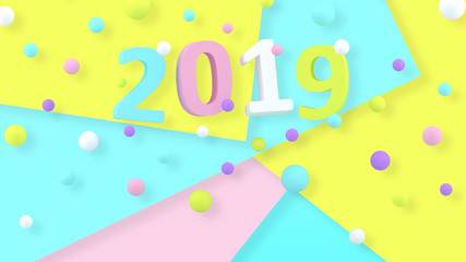 2019 New Year wallpaper. 3d background. Abstract shapes 3d. Year of Earth Pig. Winter holiday. Happy New Year. Minimalism. Trendy modern illustration. Render. Holiday concept. Poster. Pastel colors.