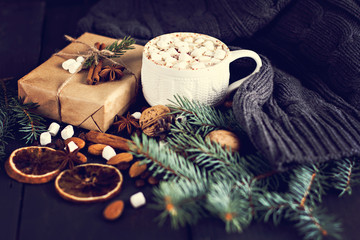 Fototapeta na wymiar gift, fir branch, nuts, cones, Cocoa, coffee, cozy knitted blanket. Winter, New Year, Christmas still life