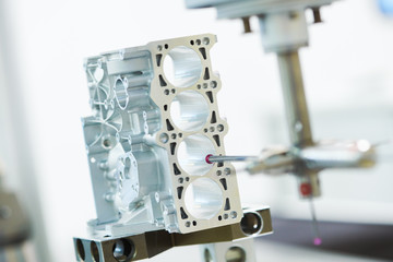 Quality control. Precision probe sensor measure dimensions in metalworking industry