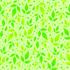 Seamless pattern with green gradient leaves and dots on light green background for decoration, wrapping paper, scrapbooking, decoupage, textile, wallpaper, cover, background, fabric, cover