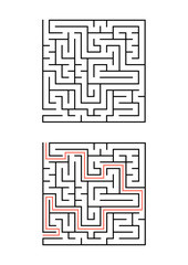 A square maze for children. Simple flat vector illustration isolated on white background. With the answer.