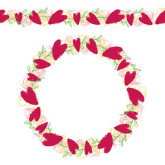 Romantic wreath with colorful elements. Hand drawn textured hearts, flowers, leaves in seamless line and round frame. Wreath for Saint Valentine Day, wedding invitations and greeting cards. Vector. 