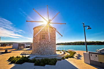 Town of Medulin windmill landmark and waterfront view