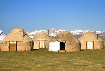 The ger camp in a large meadow at Song kul lake ,  Naryn of Kyrgyzstan