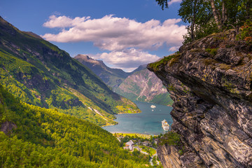 Geiranger - July 30, 2018: Flydalsjuvet viewpoint at the stunning UNESCO Geiranger fjord, Norway