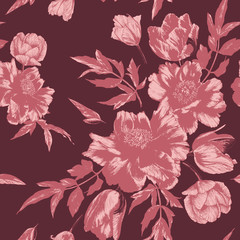 Vector floral seamless pattern with bouquets of tulips, peonies and leaves - 217034130