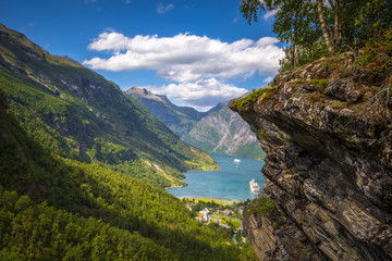 Geiranger - July 30, 2018: Flydalsjuvet viewpoint at the stunning UNESCO Geiranger fjord, Norway