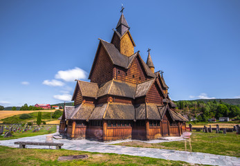 Fototapeta premium Heddal - August 01, 2018: Medieval Heddal stave church, the largest of the remaining stave churches in Telemark, Norway