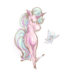 Obraz premium Cute sitting little unicorn and butterfly magic illustration ioslated on white background