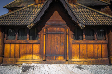 Heddal - August 01, 2018: Medieval Heddal stave church, the largest of the remaining stave churches in Telemark, Norway