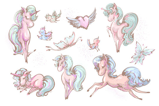 Cute unicorns , butterflies and birds collection , vector sketchy illustration set of little unicorns