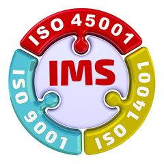 IMS. ISO Integrated Management System. The check mark in the form of a puzzle. The inscription "IMS. ISO 9001, ISO 14001, ISO 45001" on the puzzle in the shape of a circle. 3D Illustration. Isolated