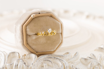 Gold tiara ring for princess in velvet box