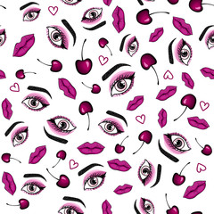 Girly eyes makeup with cherry seamless pattern. Vector illustration isolated on white background.