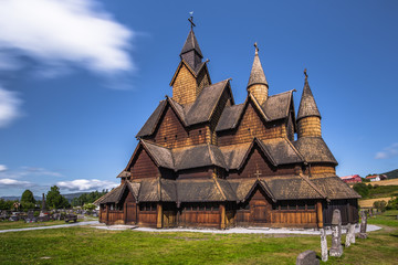Fototapeta na wymiar Heddal - August 01, 2018: Medieval Heddal stave church, the largest of the remaining stave churches in Telemark, Norway