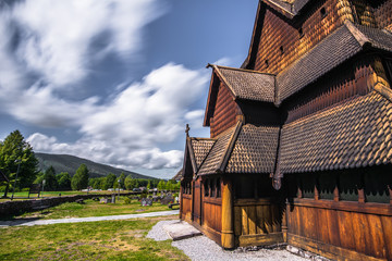 Heddal - August 01, 2018: Medieval Heddal stave church, the largest of the remaining stave churches in Telemark, Norway