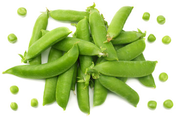 fresh green peas isolated on white background. top view
