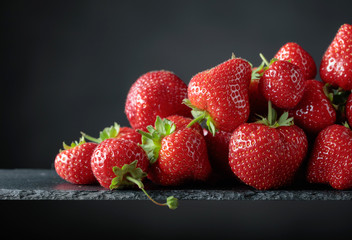 Ripe strawberries with green leaves on a black background.