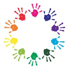 Kids hand prints rainbow frame on white background